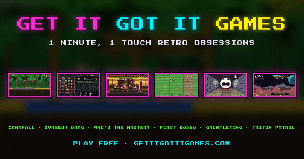 Get It Got It Games logo over gameplay from all six games
